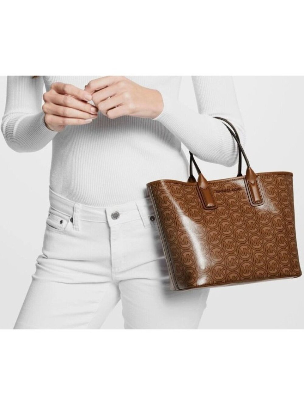 Michael Kors Jodie Small Logo Jacquard Tote Bag in Luggage Tan - Picture 2 of 10